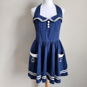 Hell Bunny Motley Sailor Dress Womens Large Navy Nautical Rockabilly Pinup Mini